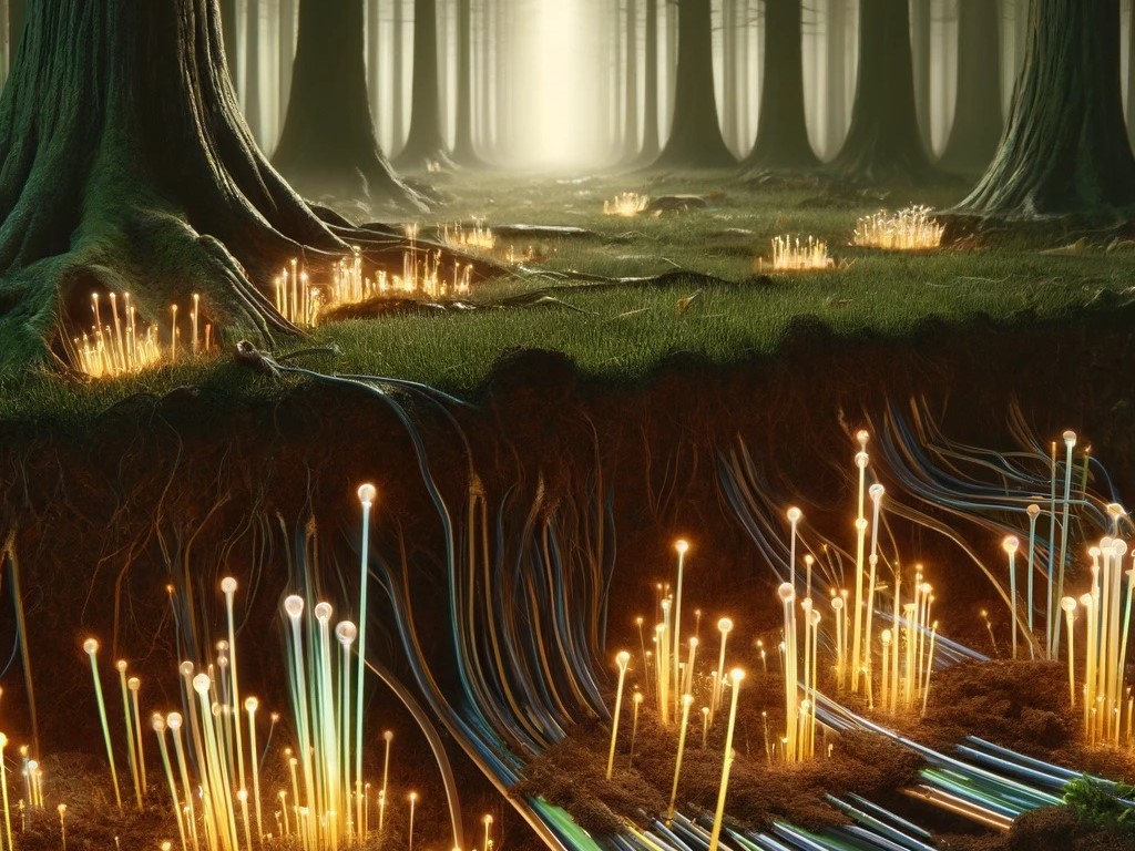 Das Netzwerk aus Pflanzenwurzeln und Mykorrhiza-Pilzen im Waldboden könnte ein komplexes Kommunikationssystem darstellen – so könnten sich z.B. Bäume gegenseitig vor Schädlingen warnen. (Bildquelle: © www.pflanzenforschung.de / DALL•E)