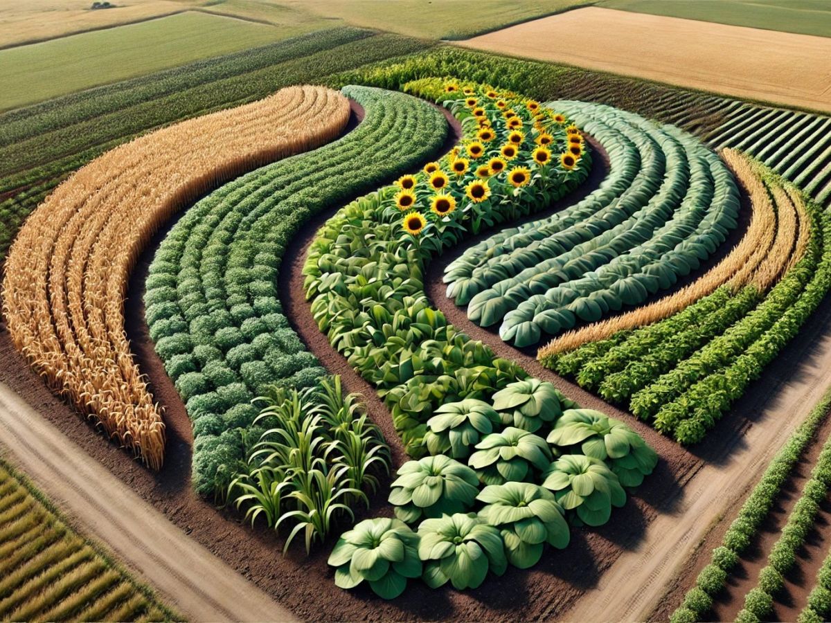 Beim Spot Farming wird der Acker in kleinere Bereiche eingeteilt, die ähnliche Wachstumsbedingungen bieten. Diese werden mit unterschiedlichen Kulturen bewirtschaftet. (Bildquelle: Symbolbild, © pflanzenforschung.de, erstellt mit DALL·E)